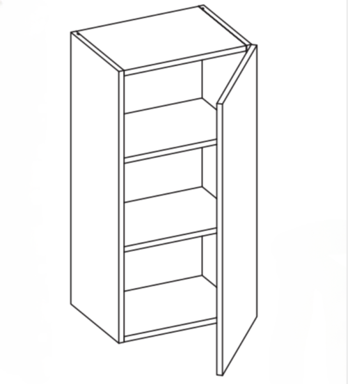 Line drawing of an open cabinet with shelves.